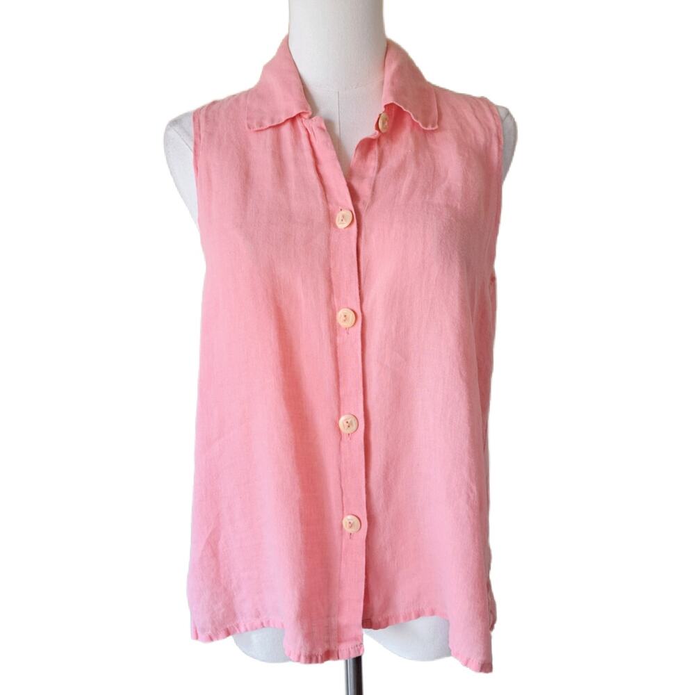 FLAX by Jeanne Engelhart 100% Linen Sleeveless Button Front Shirt Top Pink P 4-6